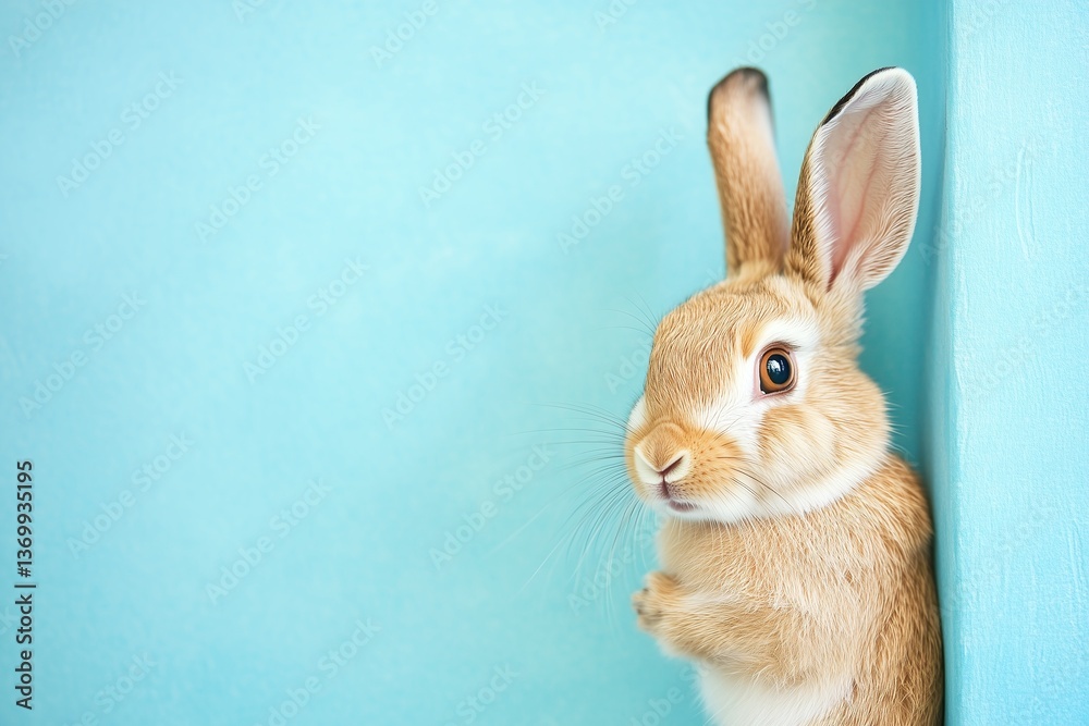 Obraz premium Cute fluffy white rabbit on a blue background