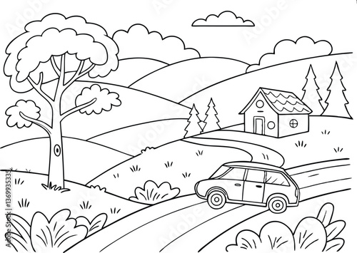 Vintage car driving through urban and forest landscapes in a sketch-style illustration coloring page