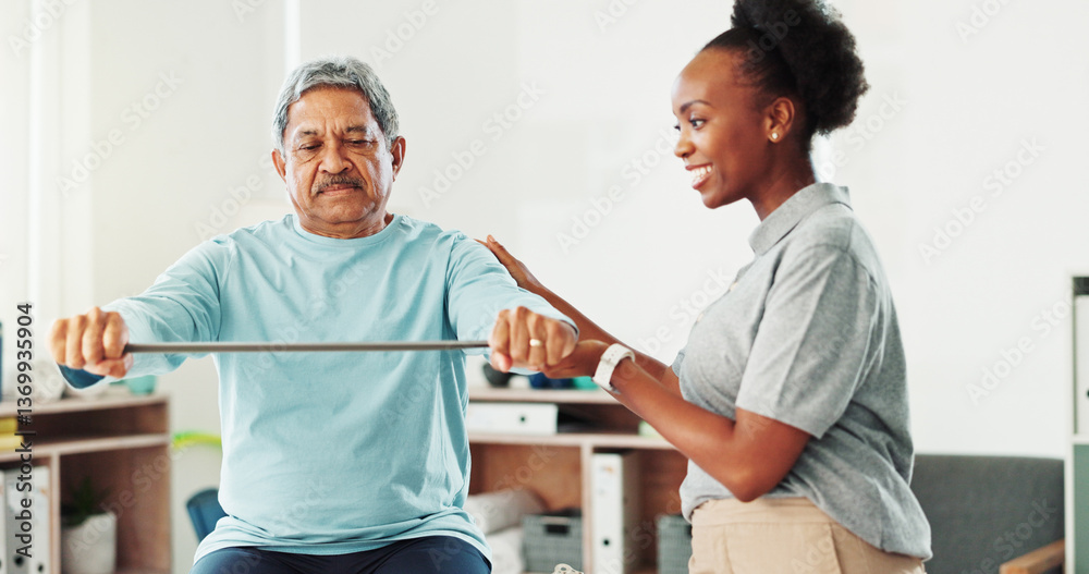 Obraz premium Resistance band, physiotherapy and mature man in clinic for consultation with muscle recovery. Injury, healthcare and woman physical therapist for helping senior person with stretch arm exercise