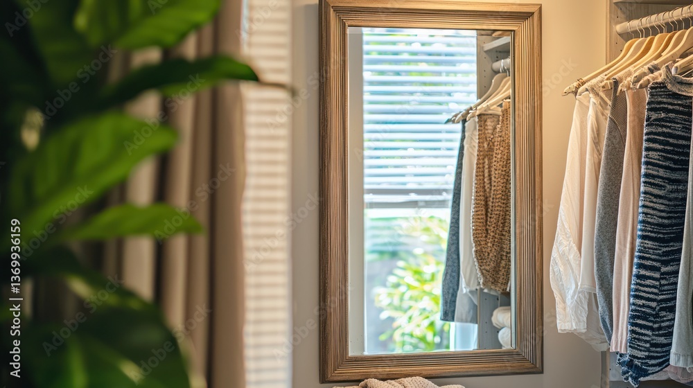 Fototapeta premium A full-length mirror reflecting a cozy dressing room.