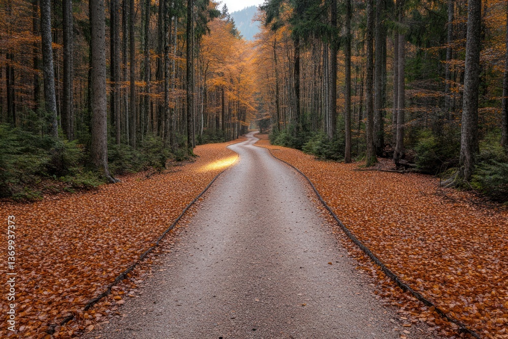 Obraz premium Light peeking through trees on autumn forest path