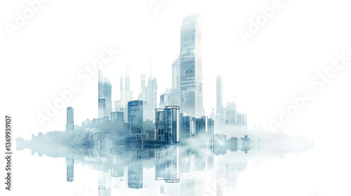 Cityscape in the Mist: A mesmerizing image of a modern city rising from a subtle veil of fog, with glass towers and buildings mirrored in a tranquil lake.