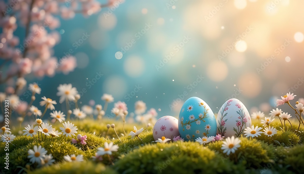 Easter Eggs in a Spring Meadow, a Beautiful Spring Scene Easter Eggs in a Spring Meadow, a Beautiful Spring Scene
