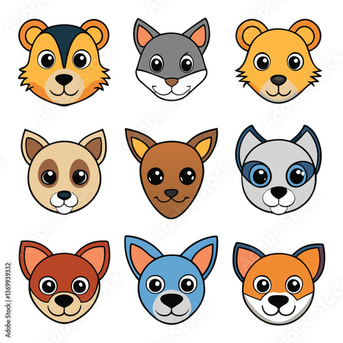 Funny cartoon cat characters and cute animal icon set illustration