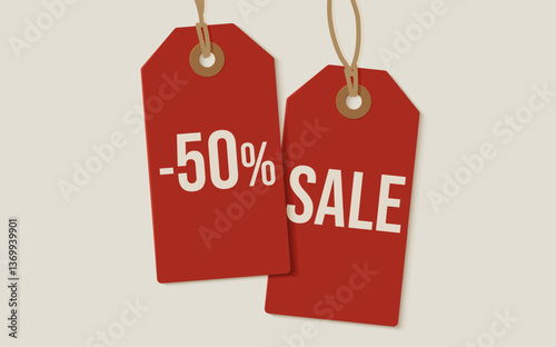 Red Sale Tags with 50 percent discount. Perfect for ecommerce, banners, posters, ads. Attention grabbing promo for sales campaigns, online banners, retail posters. Vector illustration.