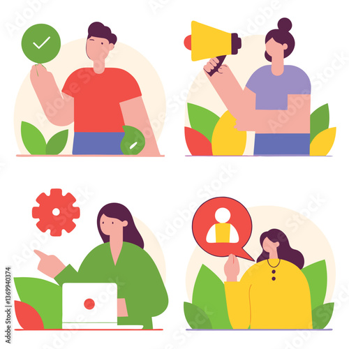 Cartoon vector illustration of business people, a man and woman worker team, at the office with money, symbolizing job success