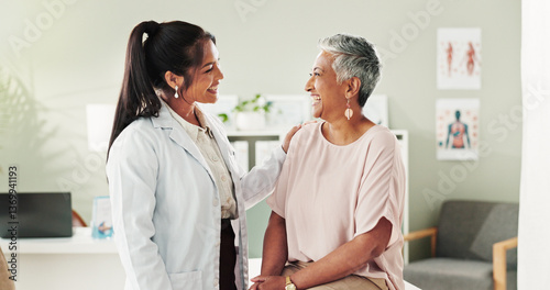 Clinic, doctor and check up with mature woman, discussion and healthcare, service and consultation. Hospital, caregiver and person with patient in office, test and support of medical professional