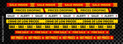 Sale line set with warning tapes, alert symbols, fire sale, low prices. Promotes urgency, grabs attention. Marketing, ecommerce, retail promo visuals. Vector illustration