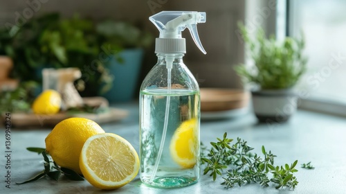 A homemade all-purpose cleaner in a glass spray bottle, labeled with natural ingredients.