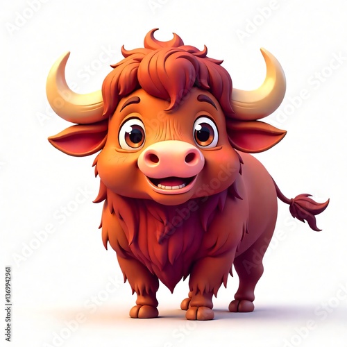Adorable Cartoon Young Yak Happy Red Brown Furry Bull Calf Illustration