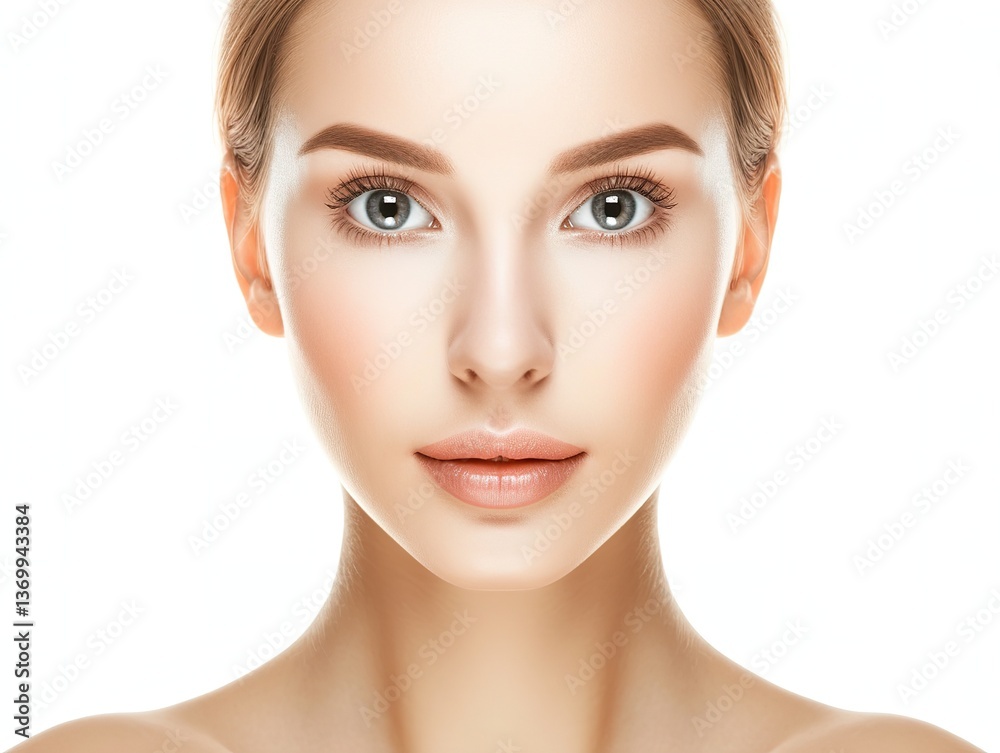 Fototapeta premium Close-up portrait with clear and smooth skin on the face and neck, looking directly at the lens, on a white background, showing elegance and beauty, perfect for commercial use.