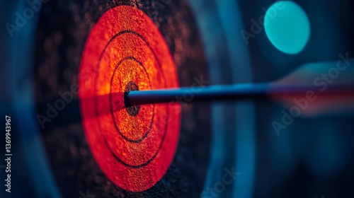 Perfectly aimed arrow strikes center of red target in a dimly lit archery range