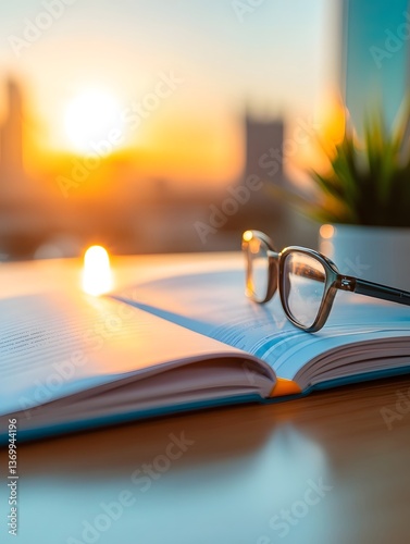 Elegant stationery and books on a desk at sunrisesunset photo