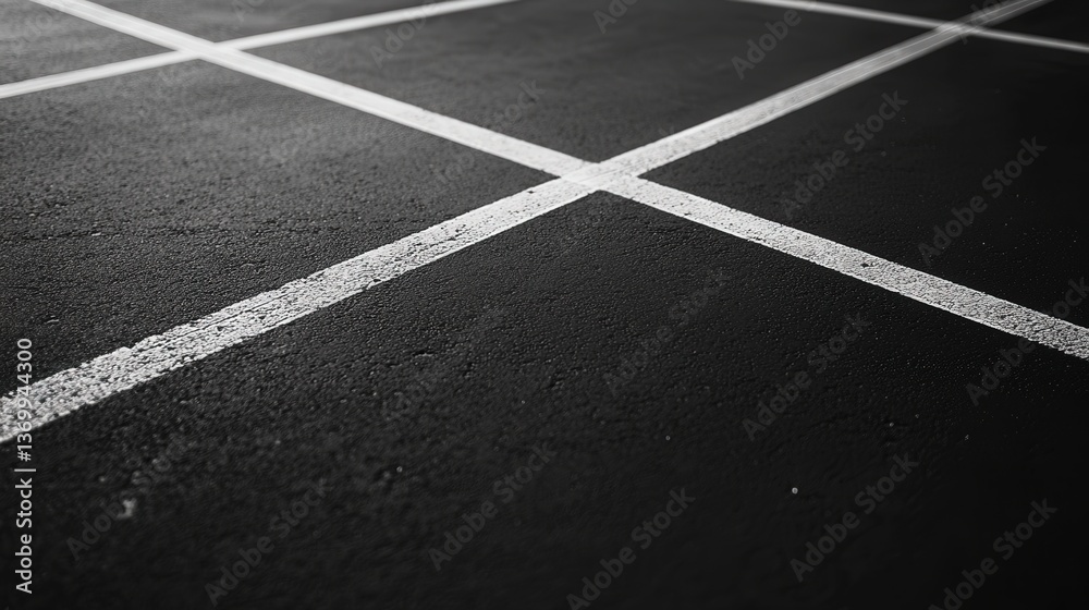 Fototapeta premium Crisp white line bisects a smooth asphalt surface, creating a striking diagonal across the frame