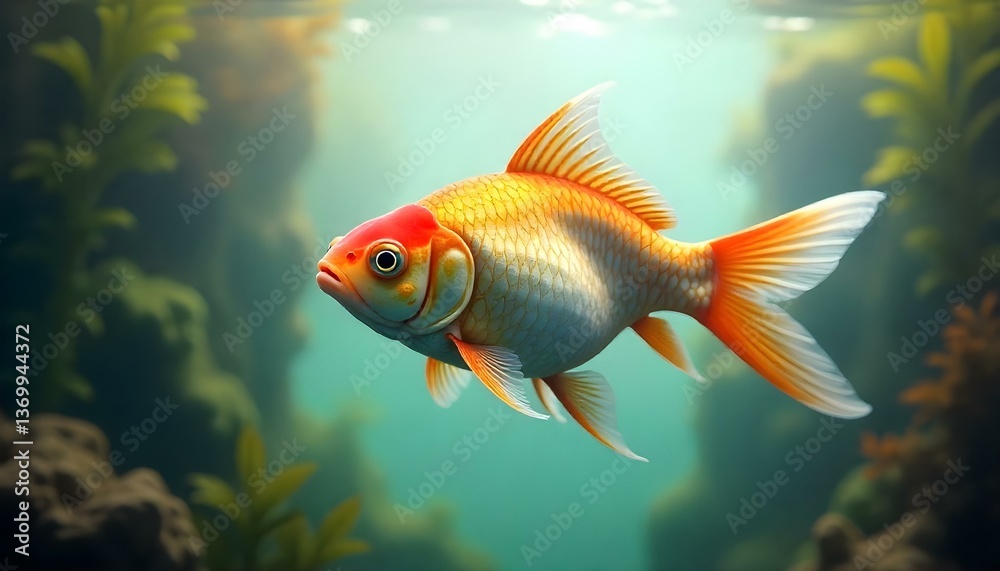 A digital art image shows a goldfish in an aquarium. The goldfish is orange and white, and it is swimming in the center of the image A digital art image shows a goldfish in an aquarium. The goldfish is orange and white, and it is swimming in the center of the image