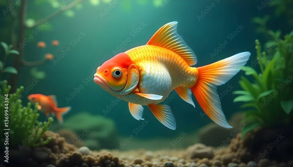 A digital art image shows a goldfish in an aquarium. The goldfish is orange and white, and it is swimming in the center of the image A digital art image shows a goldfish in an aquarium. The goldfish is orange and white, and it is swimming in the center of the image
