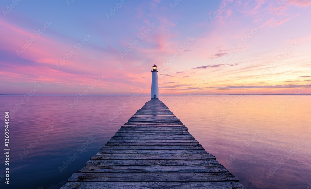 Fototapeta premium Serene Sunset over Calm Waters with Lighthouse and Wooden Pier