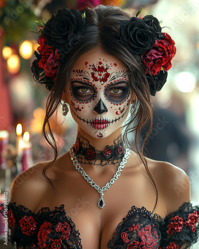 Woman with a black and red face paint and a black and red flower headdress. She is wearing a black and red dress