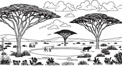 Vintage African landscape with a cow. coloring page