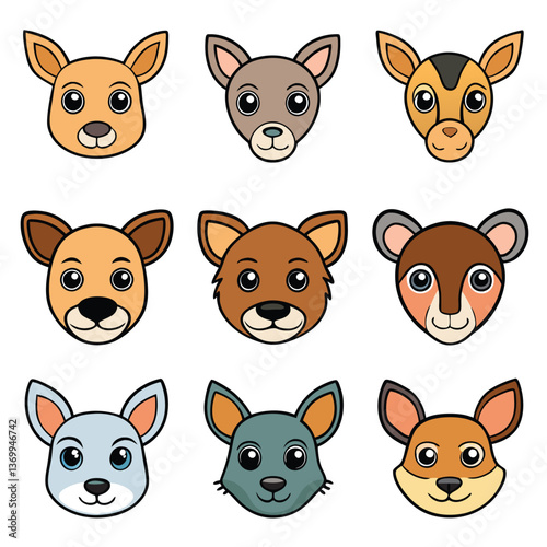 Funny cartoon animal head icon set of cute pet faces with a collection of dog, cat, rabbit, fox, pig, cow, and bear characters