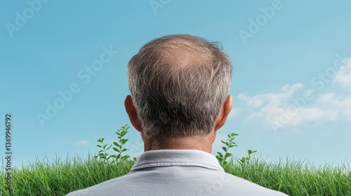 Man with Thinning Hair Contemplates Green Field Under Blue Sky