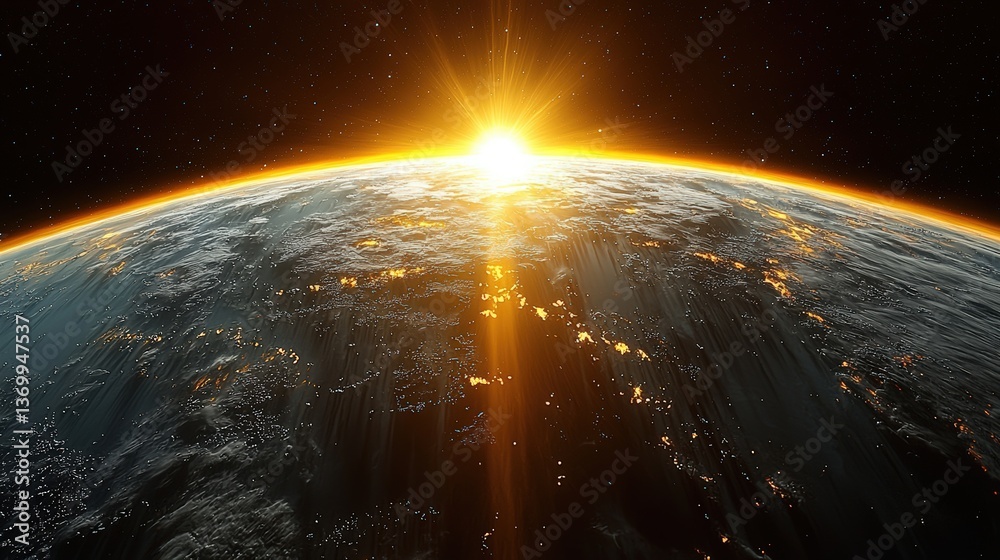 Obraz premium Stunning sunrise over Earth from space, showcasing the planet's beauty and the sun's radiant light. Perfect for environmental or space-themed projects.