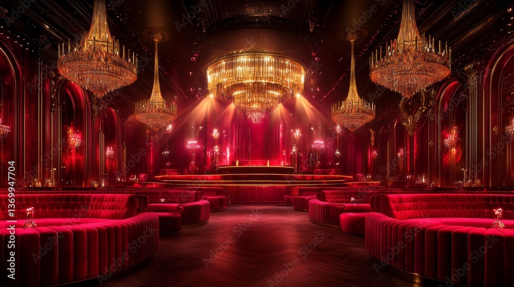 Obraz premium Red And Gold Nightclub Interior With Crystal Chandeliers And Plush Seating