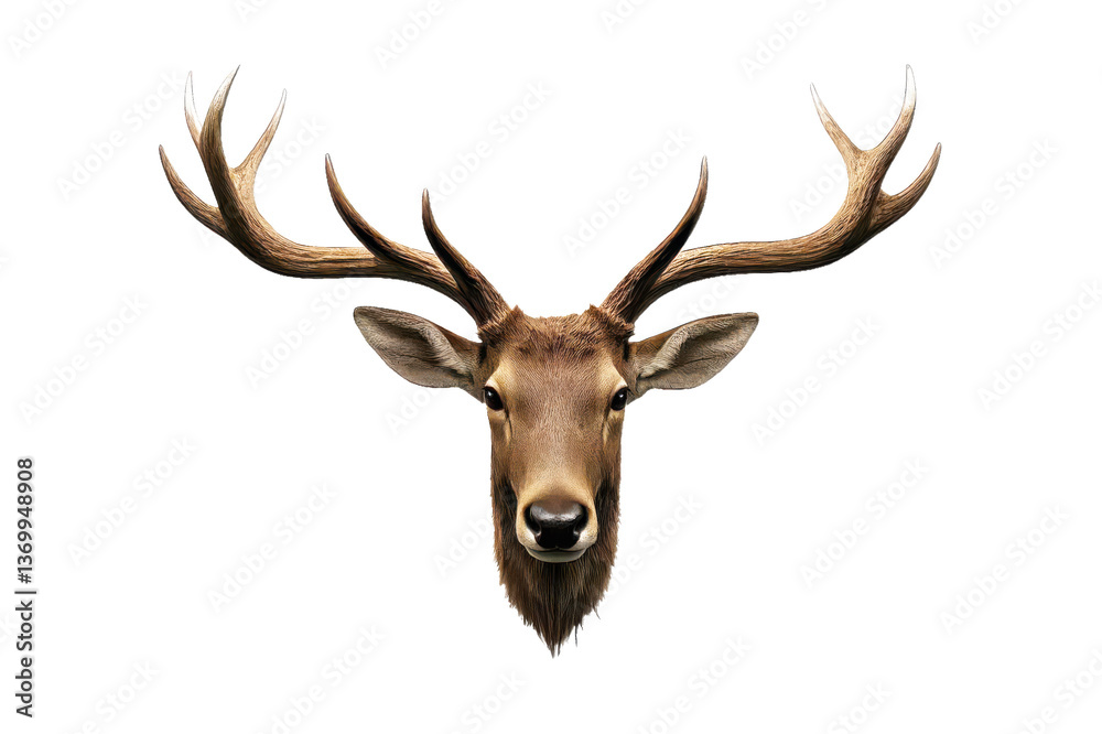 A captivating close-up image of a deer head with impressive antlers, set against a transparent bakground A captivating close-up image of a deer head with impressive antlers, set against a transparent bakground