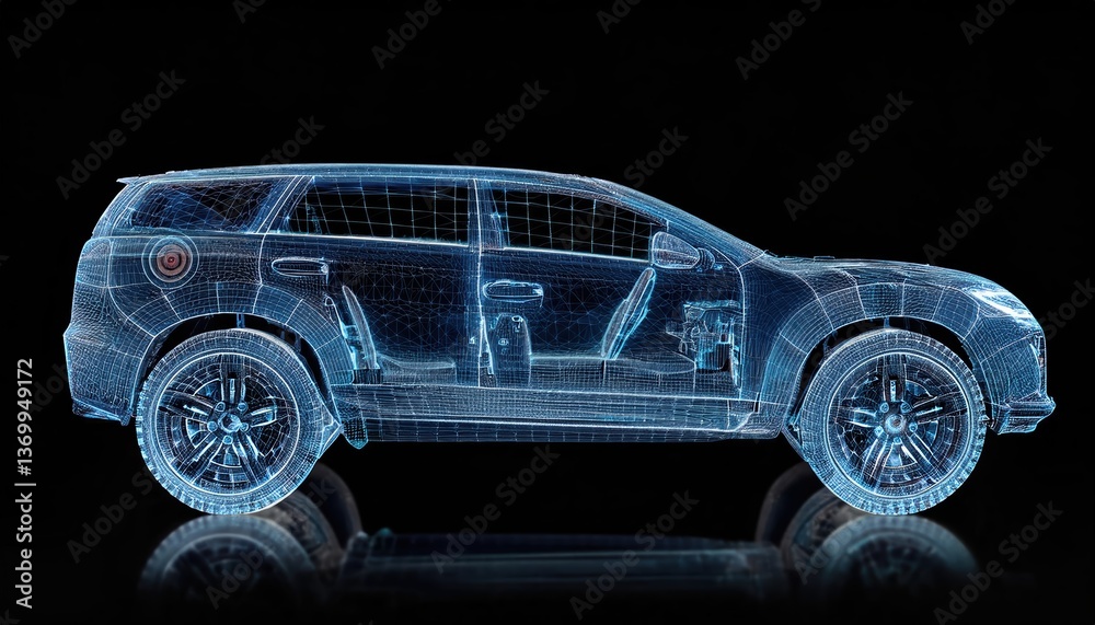 Naklejka premium Blueprint of a futuristic electric off-road vehicle showcasing minimalist design and advanced features on a sleek black background