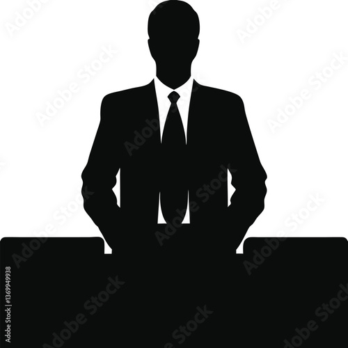Silhouette of a man in a suit standing behind a desk, vector illustration