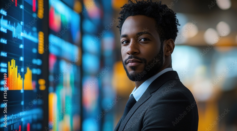 Fototapeta premium A confident Black businessman in a suit stands proudly beside vibrant financial graphs and data displays in a sleek office setting