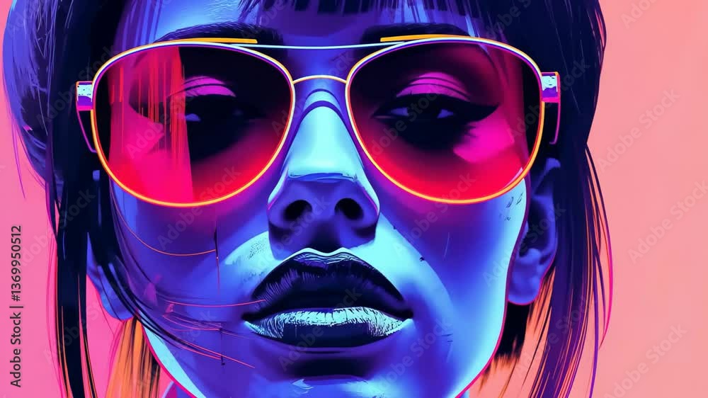 The captivating artwork features a woman with striking sunglasses, highlighting her expressive eyes and vibrant colors, set against a dynamic, colorful urban environment at twilight. The captivating artwork features a woman with striking sunglasses, highlighting her expressive eyes and vibrant colors, set against a dynamic, colorful urban environment at twilight.