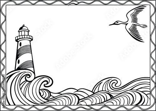 Silhouette of a lighthouse on the beach with the ocean and sky in coloring page