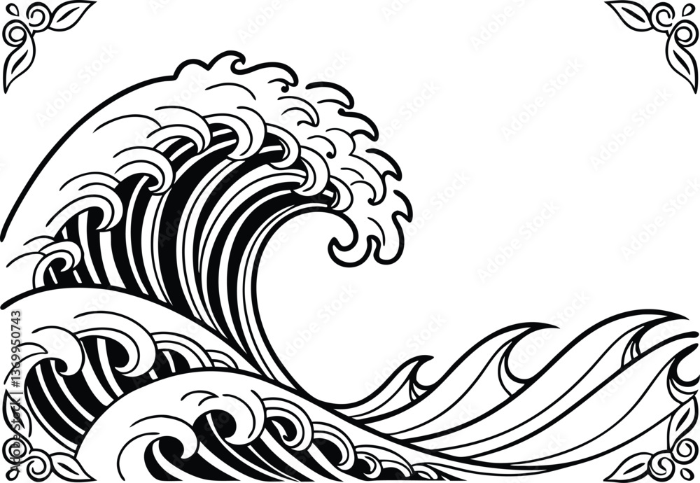 Fototapeta premium Ocean Waves Outline Design - Great Wave off Kanagawa Clipart - Sea Wave illustration in black and white Pro Vector