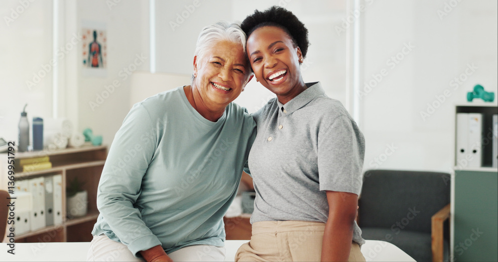 Fototapeta premium Portrait, senior woman and happy physical therapist for healthcare, help and wellness. Patient, physiotherapy and person at rehabilitation clinic for medical support, embrace and laughing together