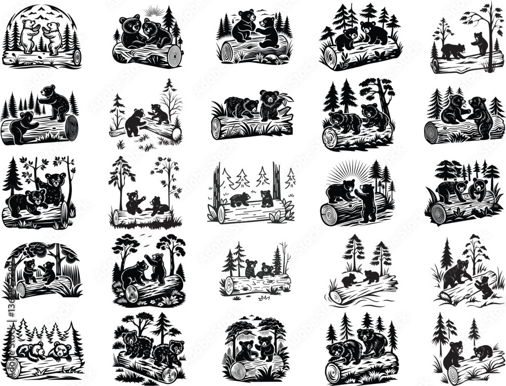 Obraz premium Black Bear Cubs on log Vector