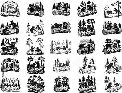 Black Bear Cubs on log Vector