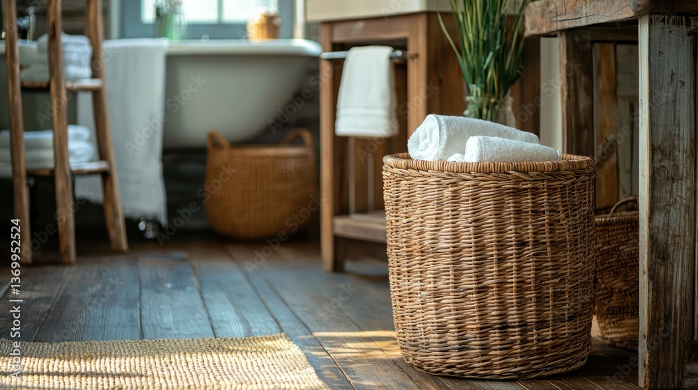 Fototapeta premium A woven basket-style trash can in a rustic-themed bathroom.