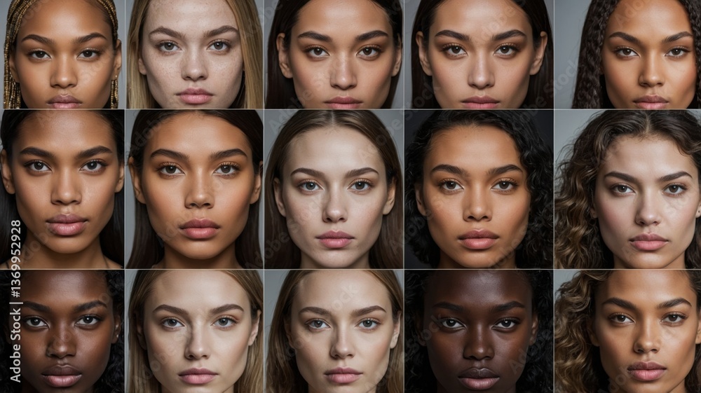 Diverse collection of women's faces displaying varied facial shapes and features representing unique beauty in diversity Diverse collection of women's faces displaying varied facial shapes and features representing unique beauty in diversity