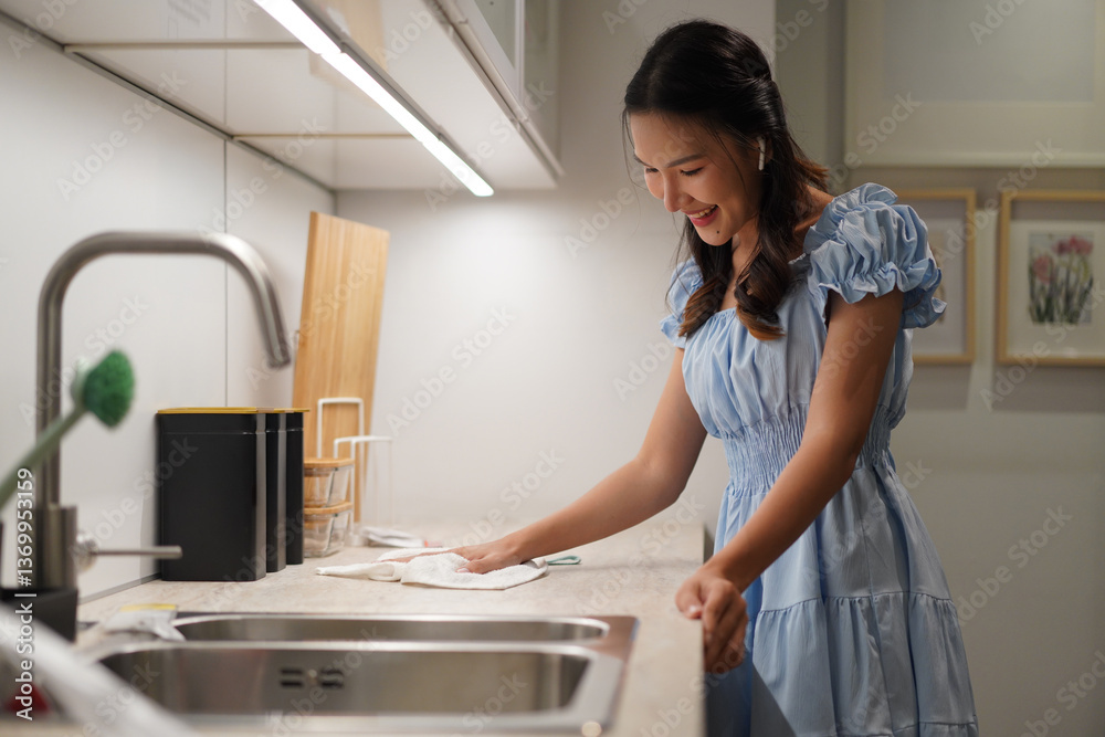 happy woman cleaning kitchen counter in cozy home happy woman cleaning kitchen counter in cozy home