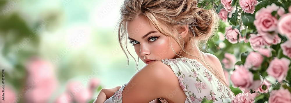 Fototapeta premium Woman wearing a pink dress. She is smiling and looking at the camera