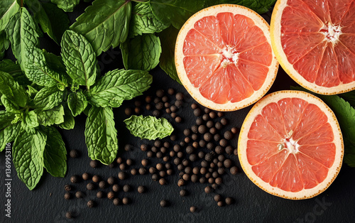 Grapefruit Slices, Mint, and Allspice Berries on Dark Background - Food Photography