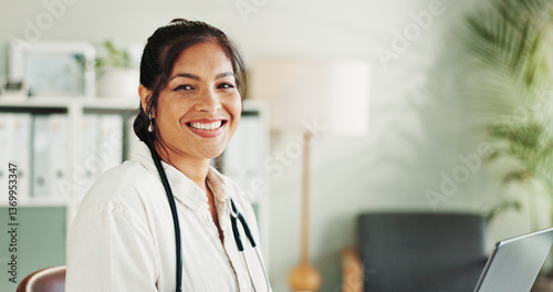 Photography Healthcare, doctor or happy woman with portrait, confidence or laptop for report in clinic