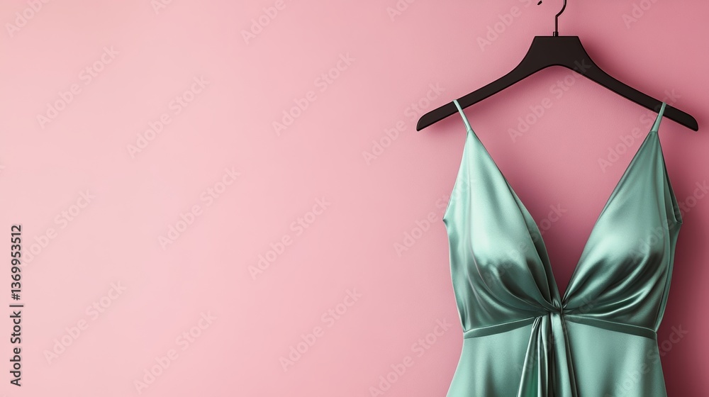 Elegant satin dress hanging against a pink wall in a stylish setting Elegant satin dress hanging against a pink wall in a stylish setting