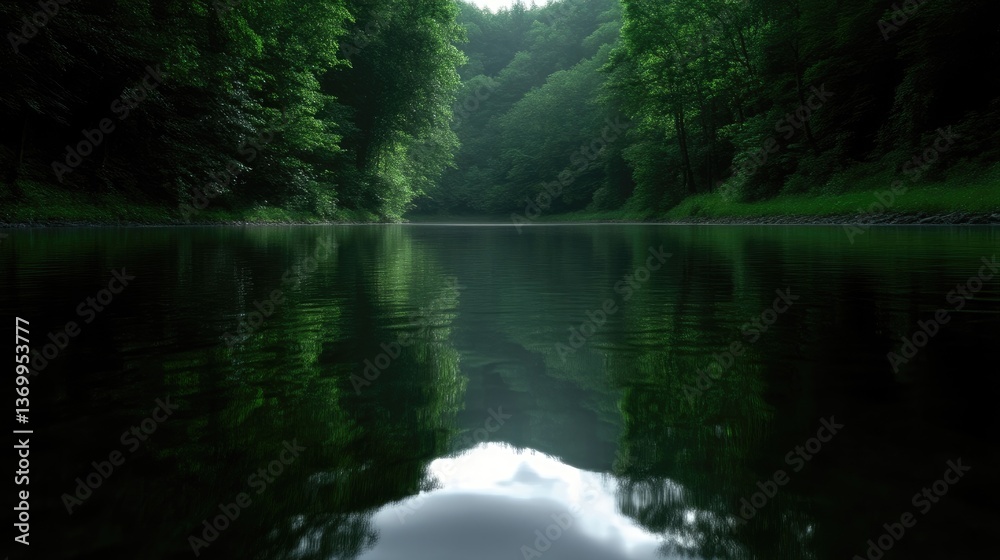 Serene river reflecting lush forest canopy. Tranquil waterway bordered by dense green trees. Calm water mirrors the surrounding foliage Serene river reflecting lush forest canopy. Tranquil waterway bordered by dense green trees. Calm water mirrors the surrounding foliage