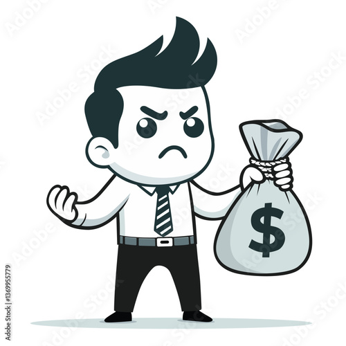 Businessman Holding Money Bag with Dollar Sign Vector Graphics Symbolizing Wealth, Investment, Business, Finance, Economy and Currency 