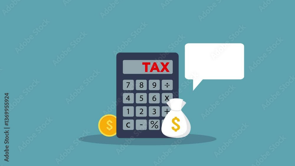 animation calculator with money bag for concept income tax calculation.animated  calculating income tax payment, business, finance and investment concept