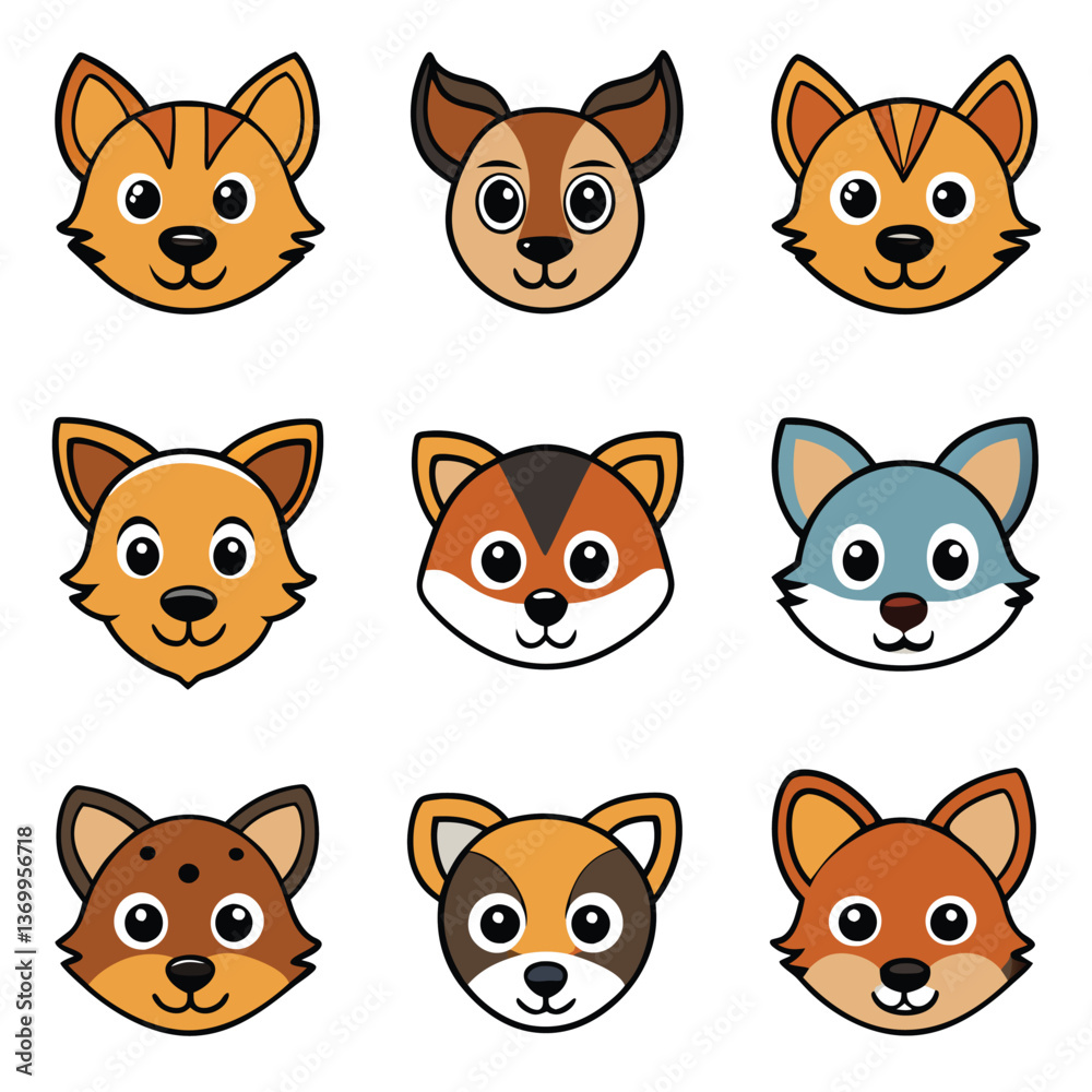 Funny vector animal head icon set of cute cartoon cats, dogs, pigs, and other baby character faces, a funny mammal collection design illustration Funny vector animal head icon set of cute cartoon cats, dogs, pigs, and other baby character faces, a funny mammal collection design illustration