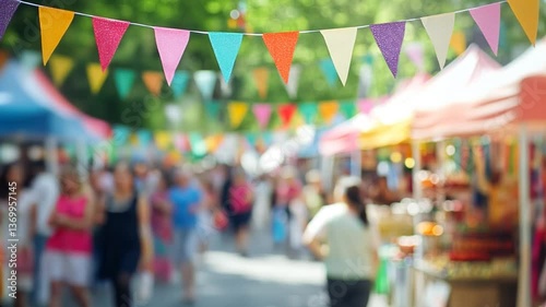 Colorful street festival with bunting flags and market stalls. Footage of summer fair background with blurred people and festive decorations suggests a bustling market or street fair, copy space