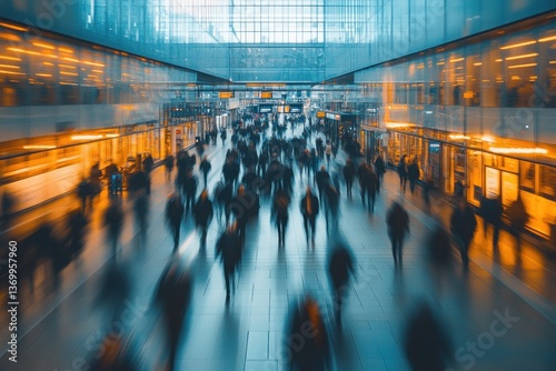 Long exposure reveals the dynamic movement of commuters navigating through a busy train station filled with lights and activity photo